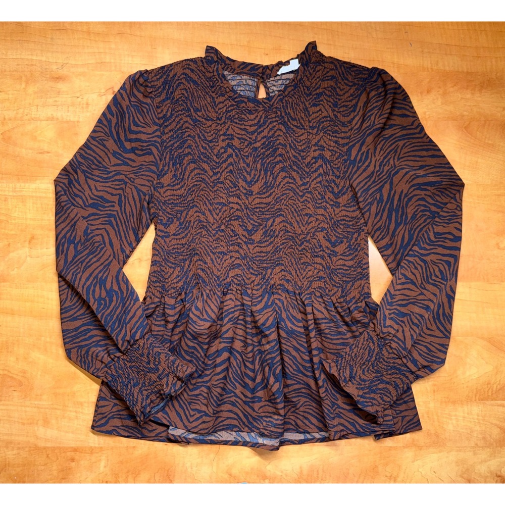 THML Zebra‎ Print Smocked Peplum Blouse Brown Black Mock Neck Top M